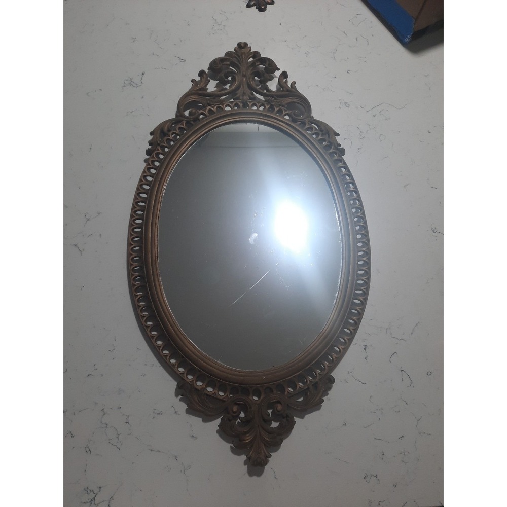 Vtg. Burwood Hollywood Regency Gold Oval Wall Mirror Fleur De Lis 31.5"x16.5"